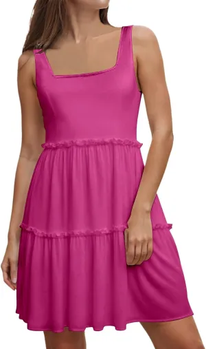 Sun Dresses for Women 2025 Vacation Sleeveless Smocked Tiered Short Dress Casaul a Line Square Neck Mini Dresses