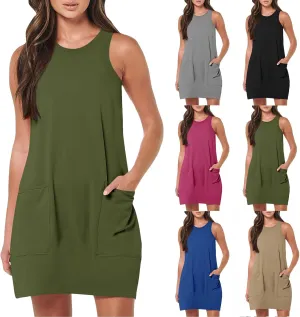 Sundresses for Women 2024 Casual Sleeveless Summer Dress with Pockets Boho Beach Dress Vacation Swing Mini Dress