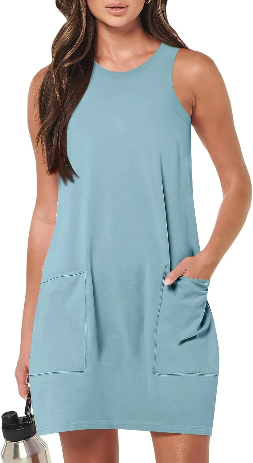 Sundresses for Women 2024 Casual Sleeveless Summer Dress with Pockets Boho Beach Dress Vacation Swing Mini Dress