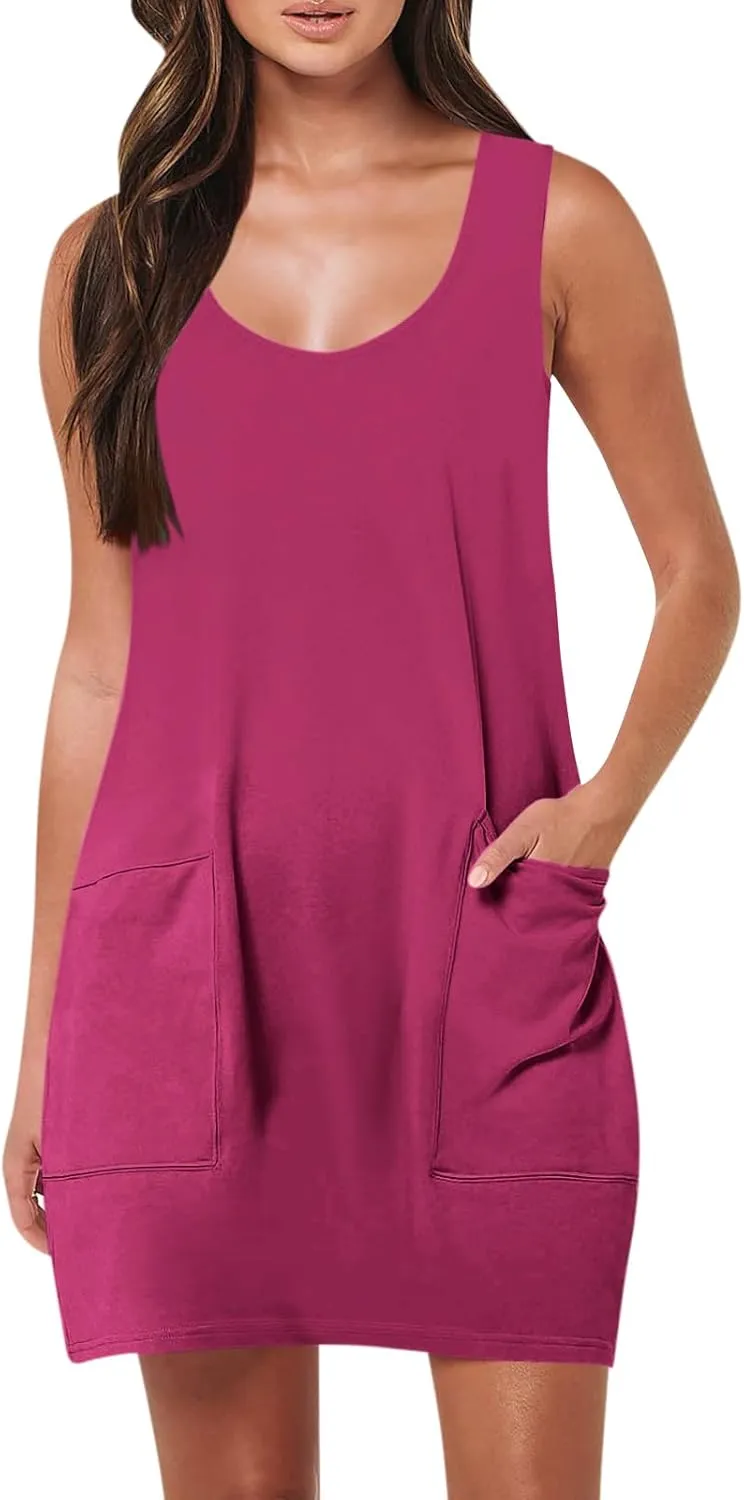 Sundresses for Women 2024 Summer Casual Sleeveless Mini Dress with Pockets Boho Beach Dress Vacation Tank Dresses