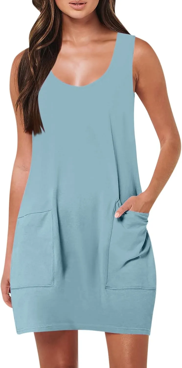 Sundresses for Women 2024 Summer Casual Sleeveless Mini Dress with Pockets Boho Beach Dress Vacation Tank Dresses