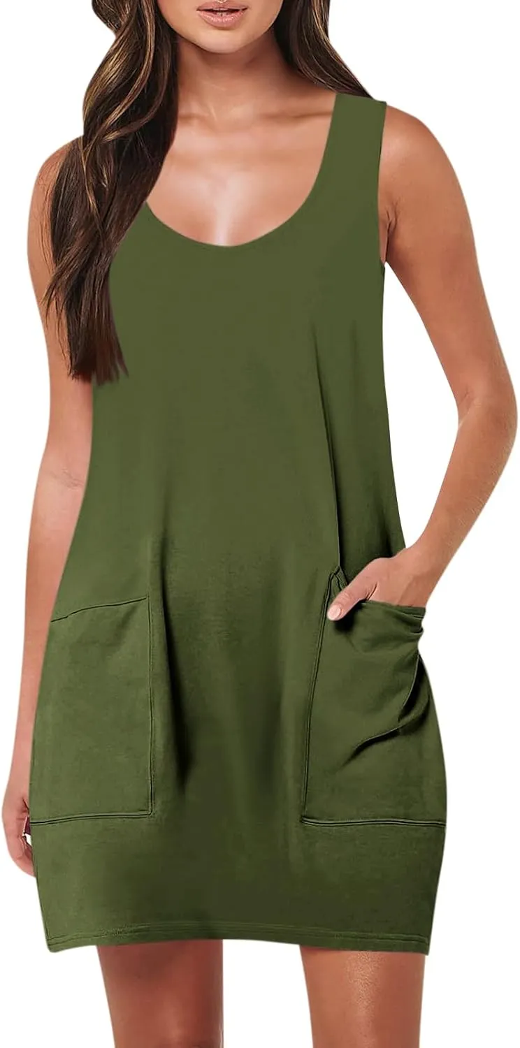 Sundresses for Women 2024 Summer Casual Sleeveless Mini Dress with Pockets Boho Beach Dress Vacation Tank Dresses