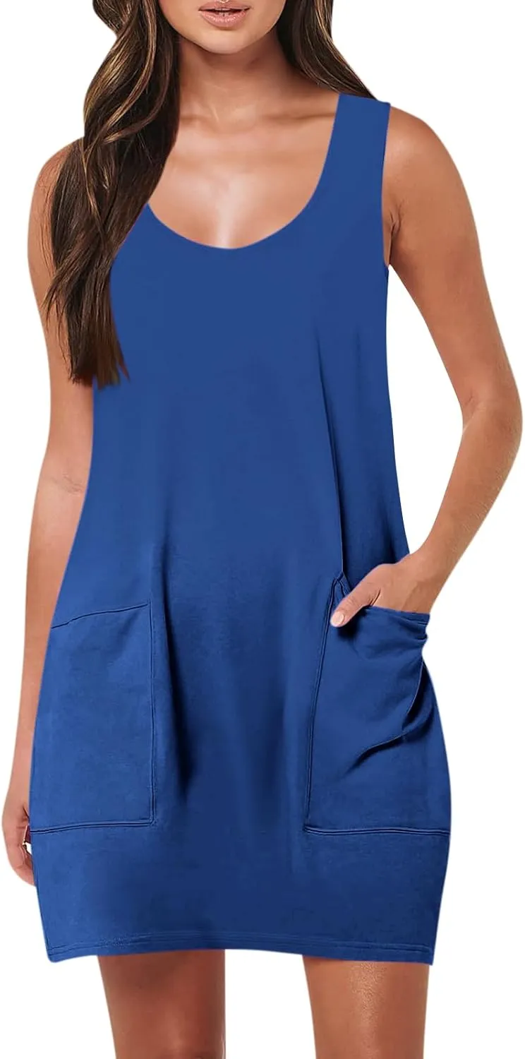 Sundresses for Women 2024 Summer Casual Sleeveless Mini Dress with Pockets Boho Beach Dress Vacation Tank Dresses