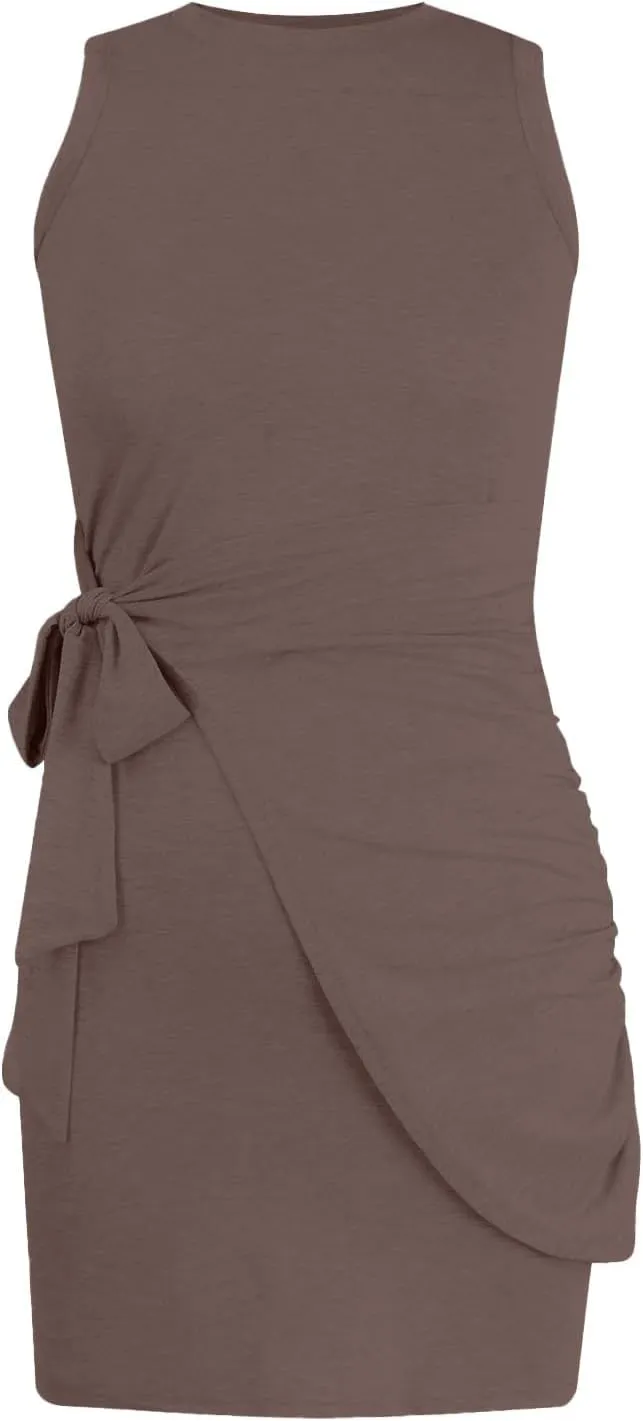 Sundresses for Women 2024 Summer Casual Sleeveless Wrap Beach Dress Ruched Tie Waist Mini Dress Vacation Tank Dresses