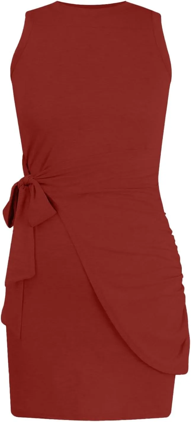 Sundresses for Women 2024 Summer Casual Sleeveless Wrap Beach Dress Ruched Tie Waist Mini Dress Vacation Tank Dresses