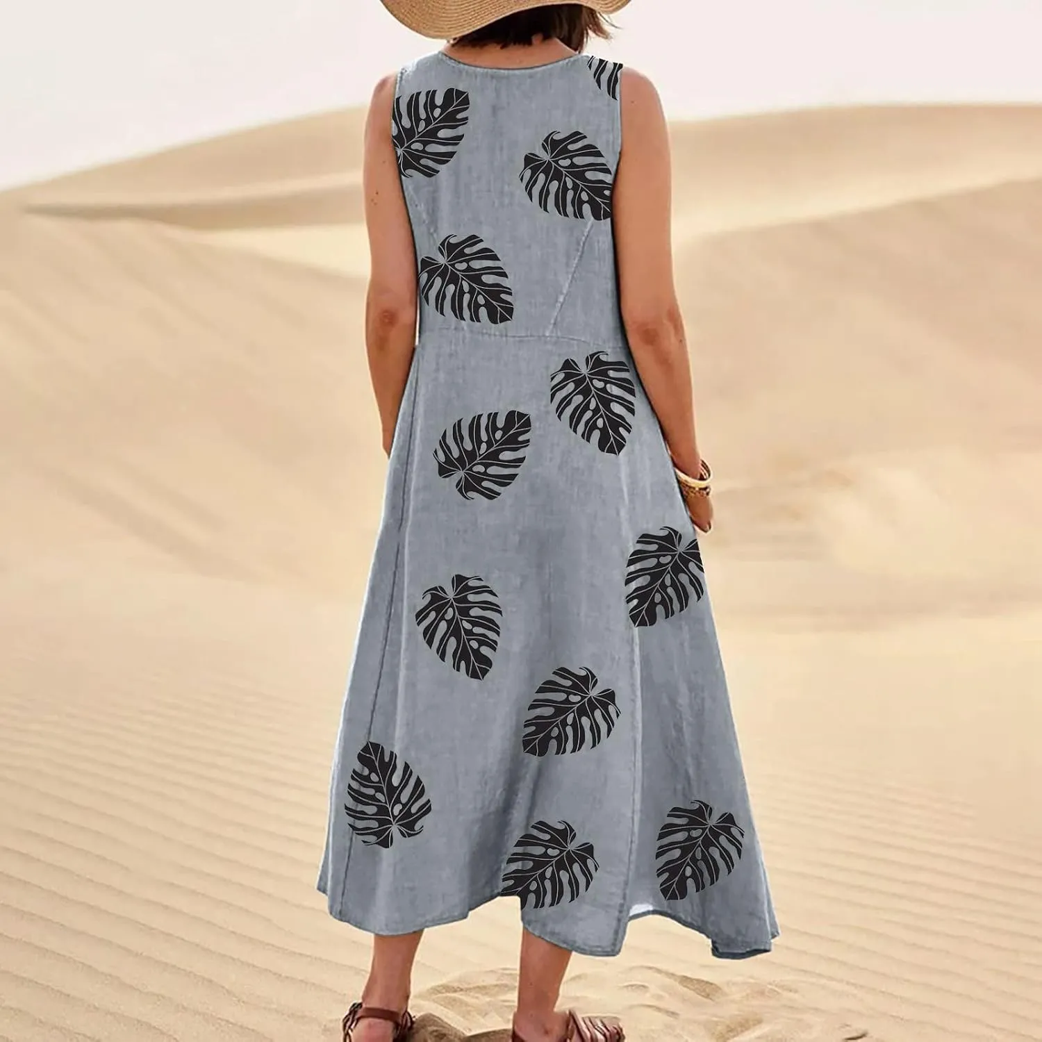 Sundresses for Women 2025 A-Line U Neck Boho Dress Floral Print Sleeveless Tank Dress Flowy Sundress with Pockets