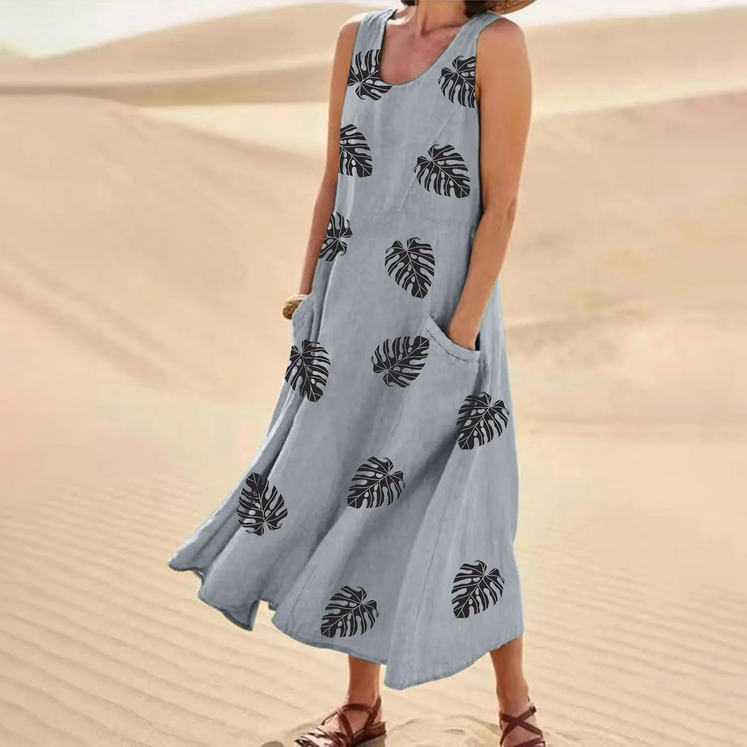 Sundresses for Women 2025 A-Line U Neck Boho Dress Floral Print Sleeveless Tank Dress Flowy Sundress with Pockets