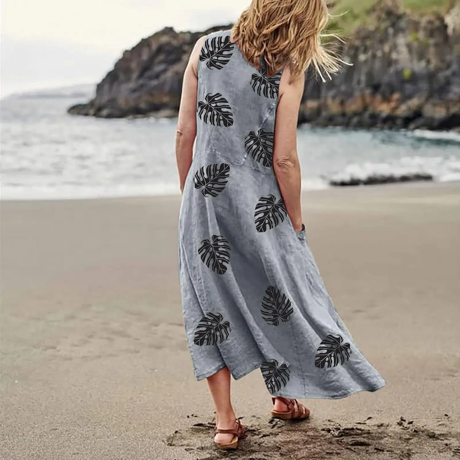 Sundresses for Women 2025 A-Line U Neck Boho Dress Floral Print Sleeveless Tank Dress Flowy Sundress with Pockets