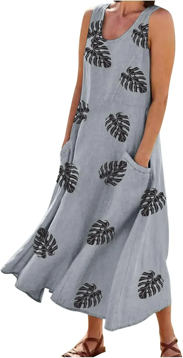 Sundresses for Women 2025 A-Line U Neck Boho Dress Floral Print Sleeveless Tank Dress Flowy Sundress with Pockets