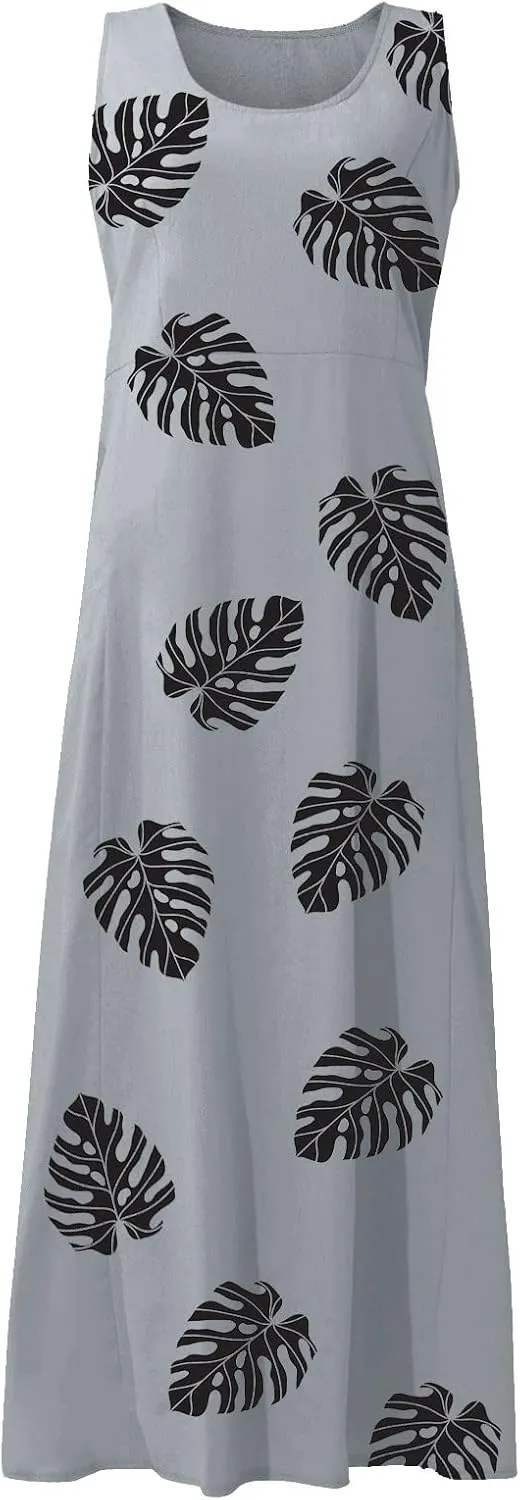 Sundresses for Women 2025 A-Line U Neck Boho Dress Floral Print Sleeveless Tank Dress Flowy Sundress with Pockets