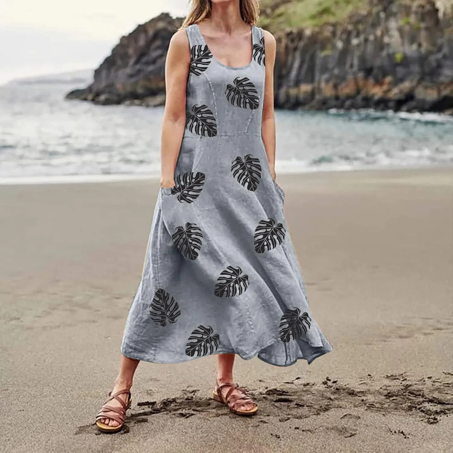 Sundresses for Women 2025 A-Line U Neck Boho Dress Floral Print Sleeveless Tank Dress Flowy Sundress with Pockets
