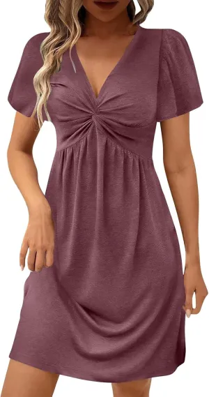 Sundresses for Women Stylish Twist Knot Wrap V Neck Sexy Party Dress Short Sleeve Summer Beach Dress A-Line Comfort