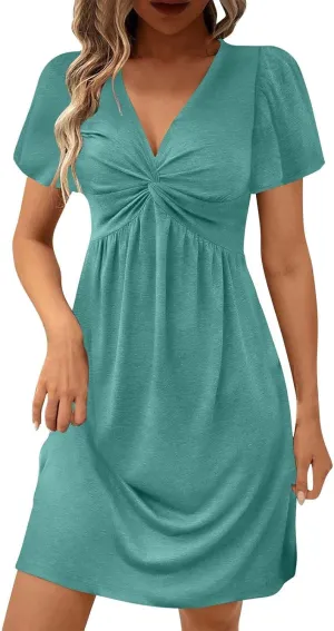 Sundresses for Women Stylish Twist Knot Wrap V Neck Sexy Party Dress Short Sleeve Summer Beach Dress A-Line Comfort