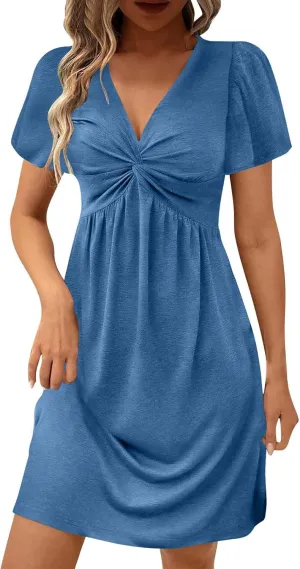 Sundresses for Women Stylish Twist Knot Wrap V Neck Sexy Party Dress Short Sleeve Summer Beach Dress A-Line Comfort