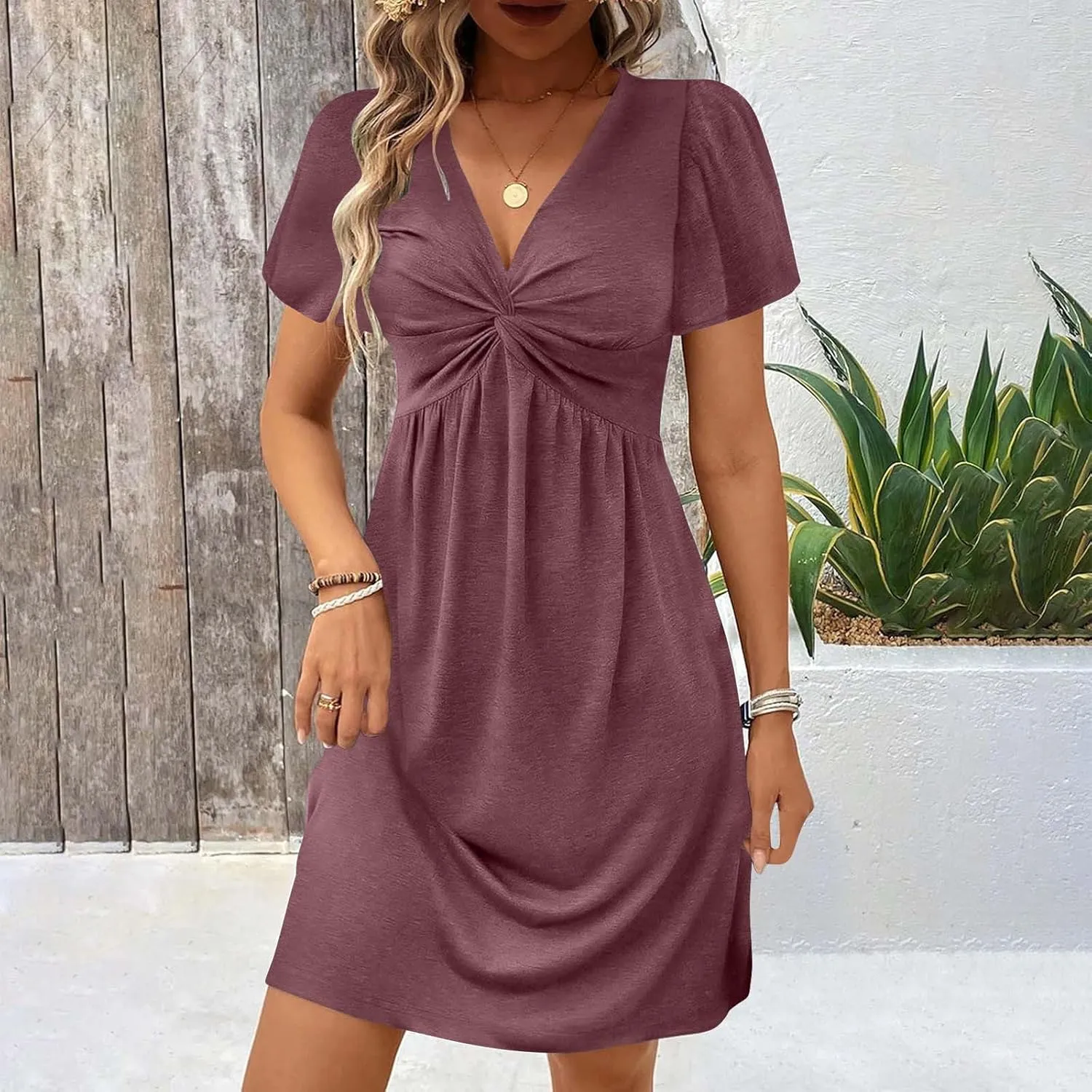 Sundresses for Women Stylish Twist Knot Wrap V Neck Sexy Party Dress Short Sleeve Summer Beach Dress A-Line Comfort