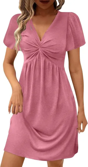 Sundresses for Women Stylish Twist Knot Wrap V Neck Sexy Party Dress Short Sleeve Summer Beach Dress A-Line Comfort