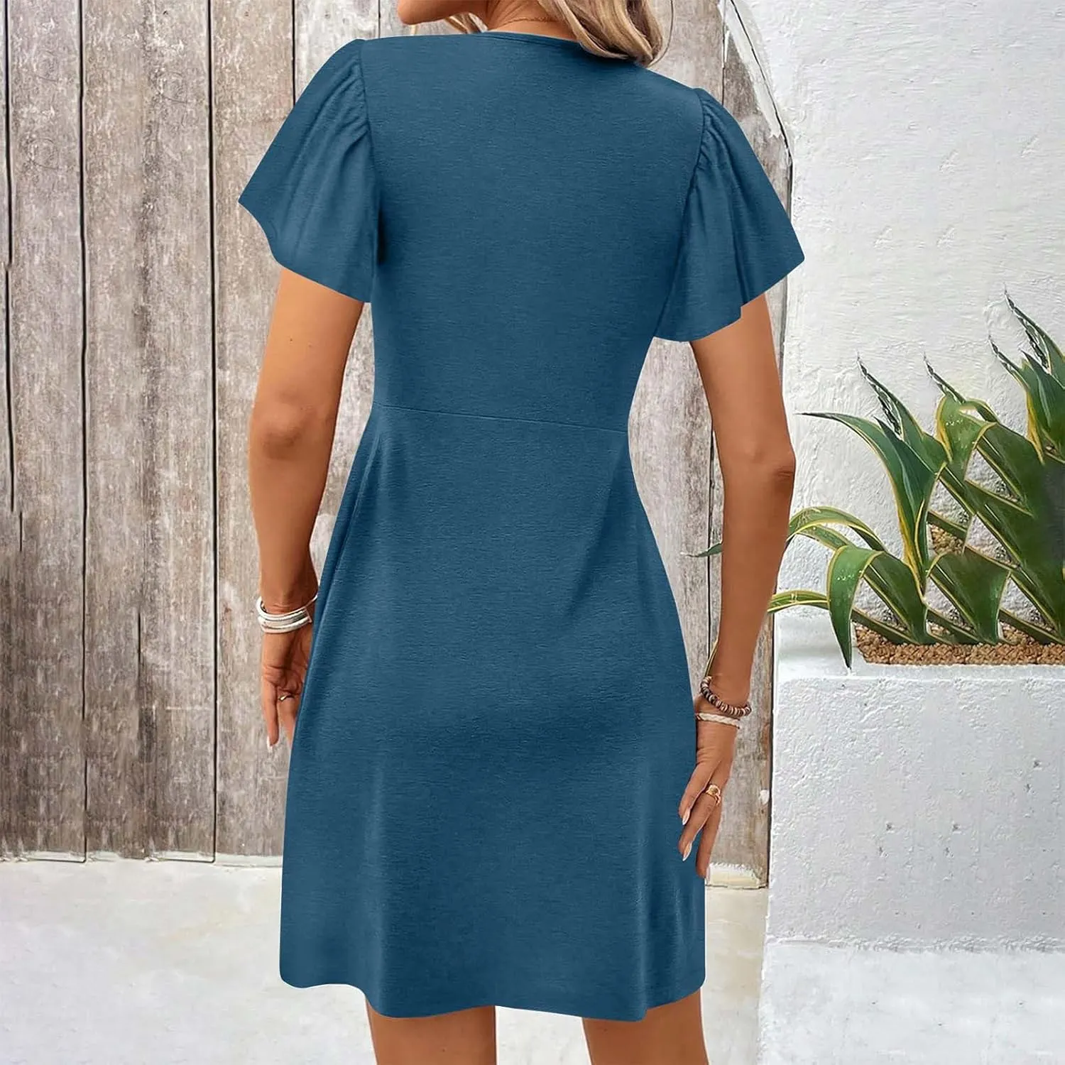Sundresses for Women Stylish Twist Knot Wrap V Neck Sexy Party Dress Short Sleeve Summer Beach Dress A-Line Comfort