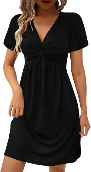 Sundresses for Women Stylish Twist Knot Wrap V Neck Sexy Party Dress Short Sleeve Summer Beach Dress A-Line Comfort