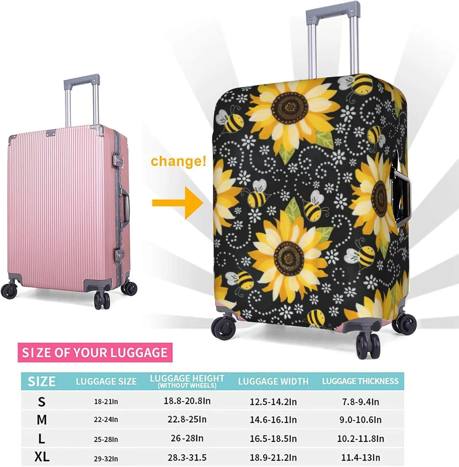 Sunflower bee Print Practical Elastic Washable Travel Luggage Cover with Concealed Zipper for Suitcases