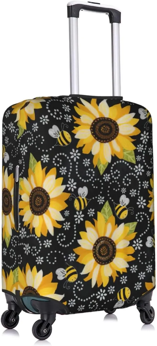 Sunflower bee Print Practical Elastic Washable Travel Luggage Cover with Concealed Zipper for Suitcases
