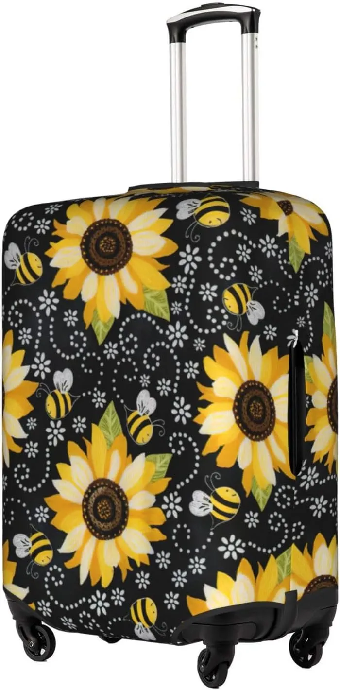 Sunflower bee Print Practical Elastic Washable Travel Luggage Cover with Concealed Zipper for Suitcases