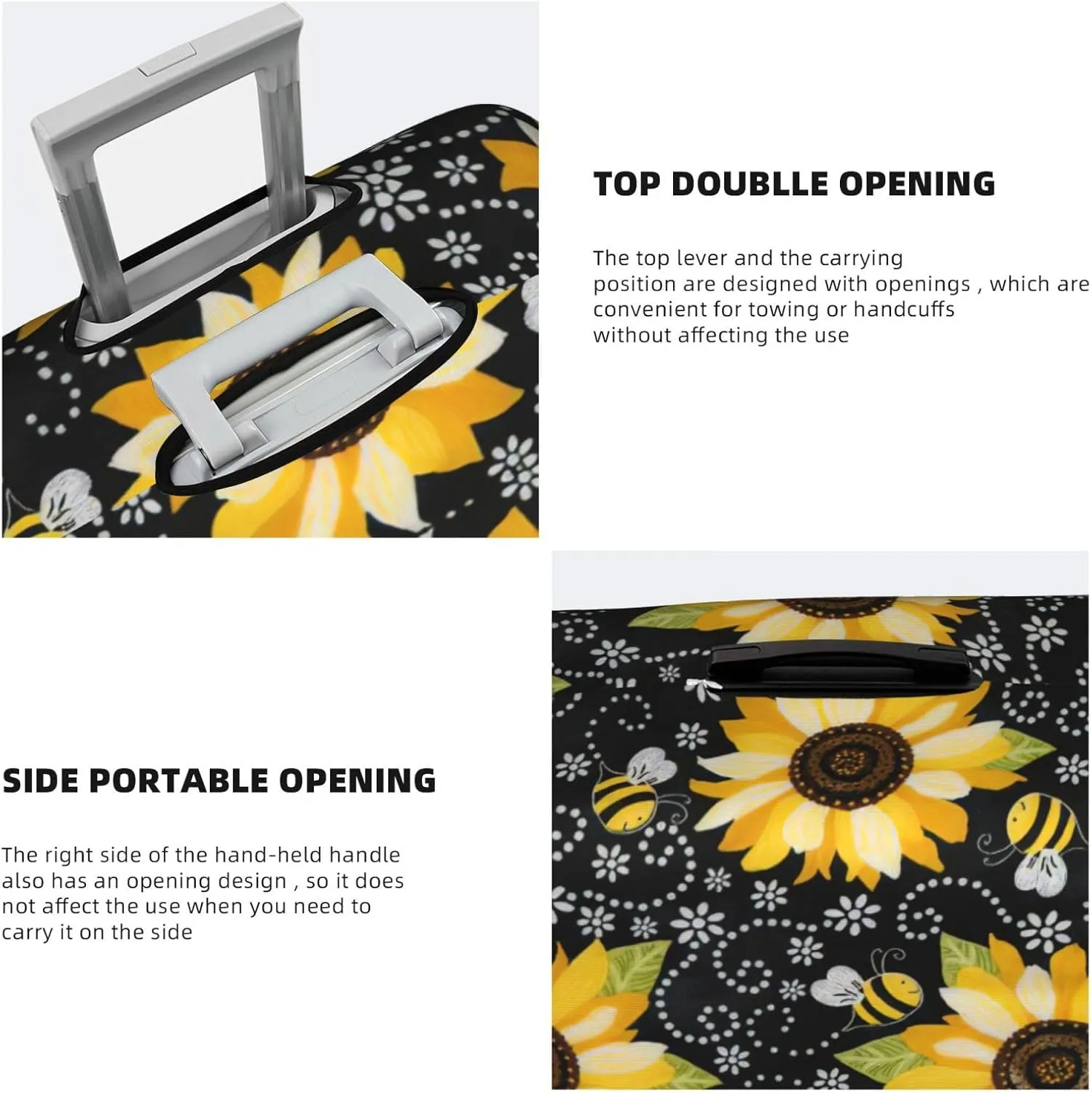 Sunflower bee Print Practical Elastic Washable Travel Luggage Cover with Concealed Zipper for Suitcases