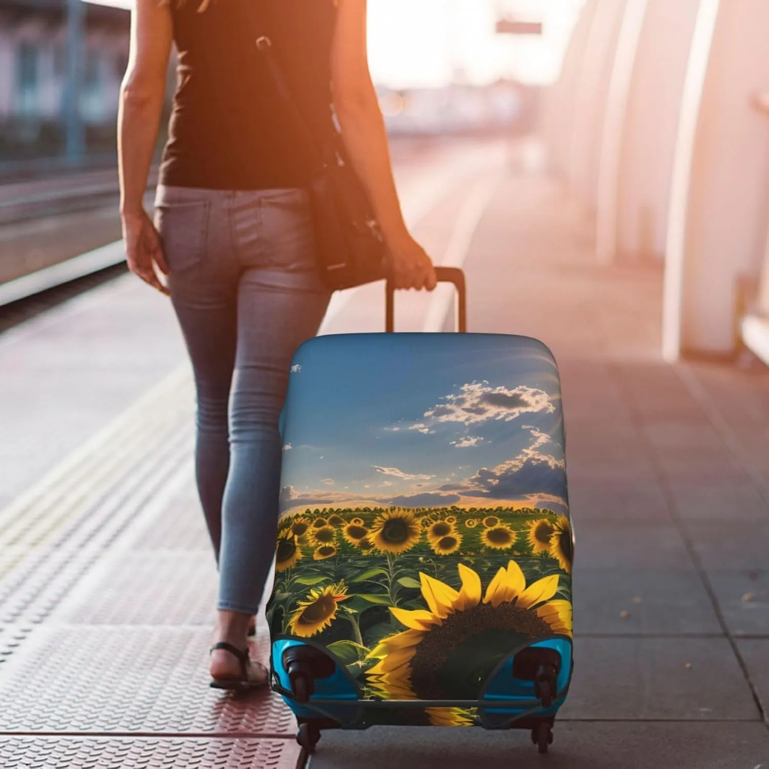 Sunflowers Sunlight Print Practical Elastic Washable Travel Luggage Cover with Concealed Zipper for Suitcases