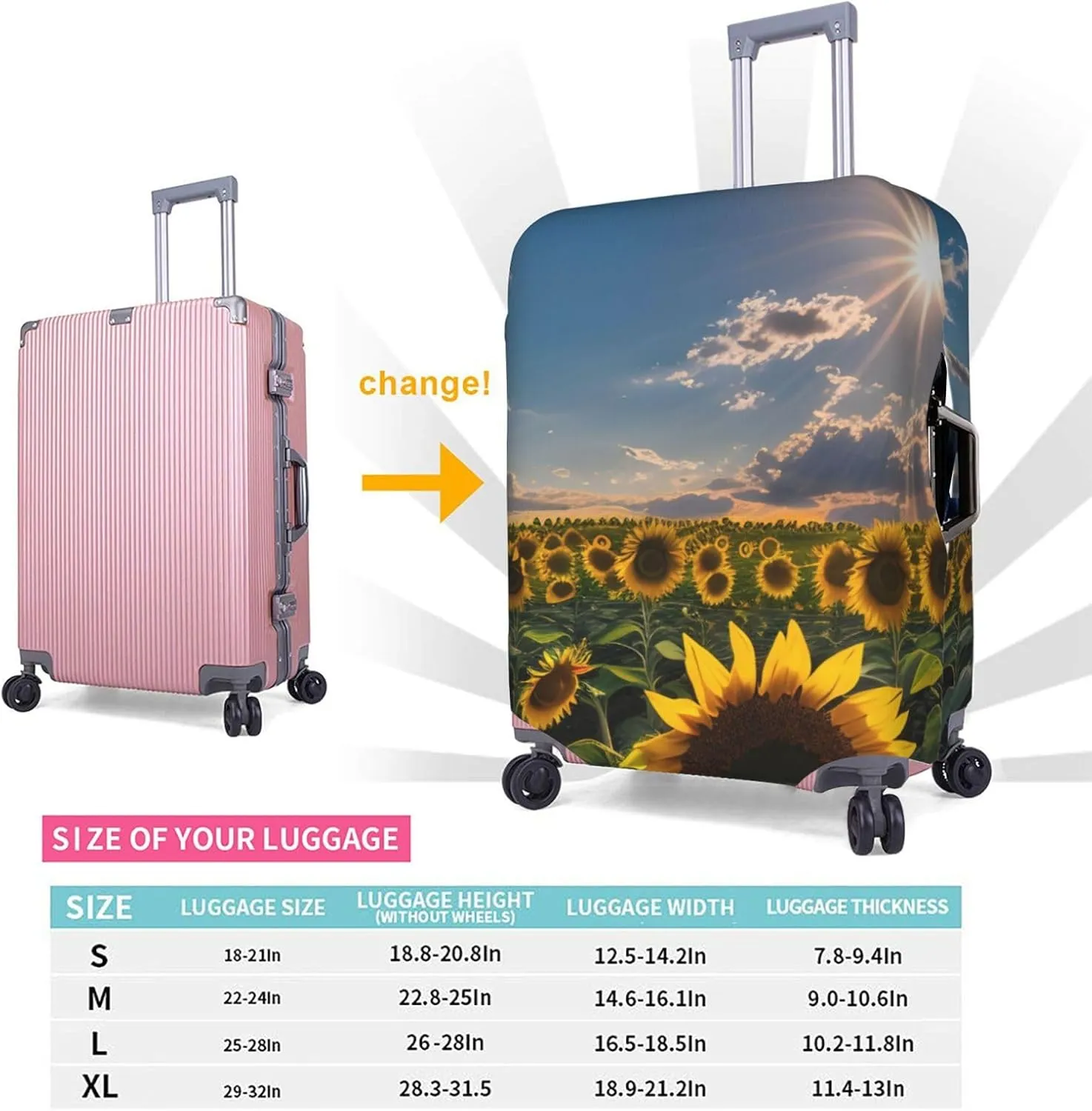 Sunflowers Sunlight Print Practical Elastic Washable Travel Luggage Cover with Concealed Zipper for Suitcases