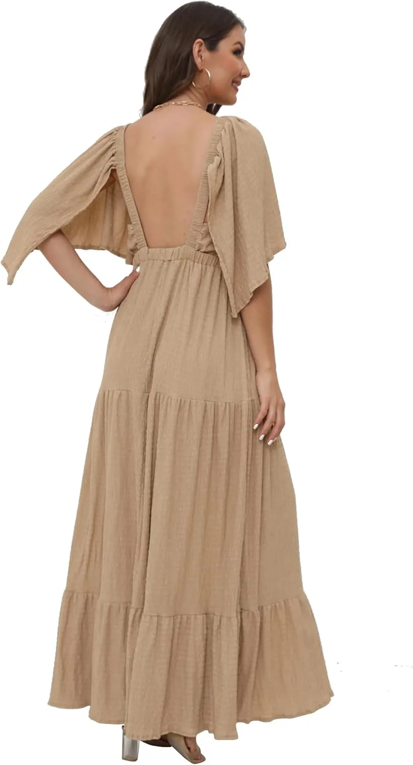 SUNNOW Women's Plus Size Summer Maxi Dress Flowy Loose Fit V-Neck Tiered Ruffle Sleeve Boho Beach Dress