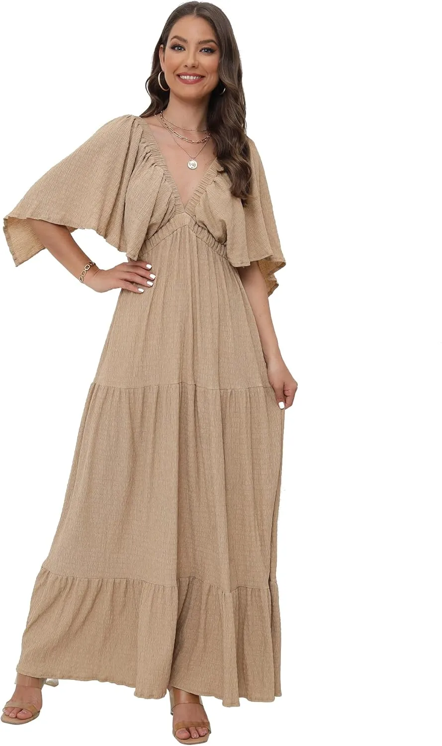 SUNNOW Women's Plus Size Summer Maxi Dress Flowy Loose Fit V-Neck Tiered Ruffle Sleeve Boho Beach Dress