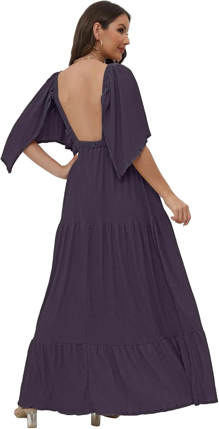 SUNNOW Women's Plus Size Summer Maxi Dress Flowy Loose Fit V-Neck Tiered Ruffle Sleeve Boho Beach Dress