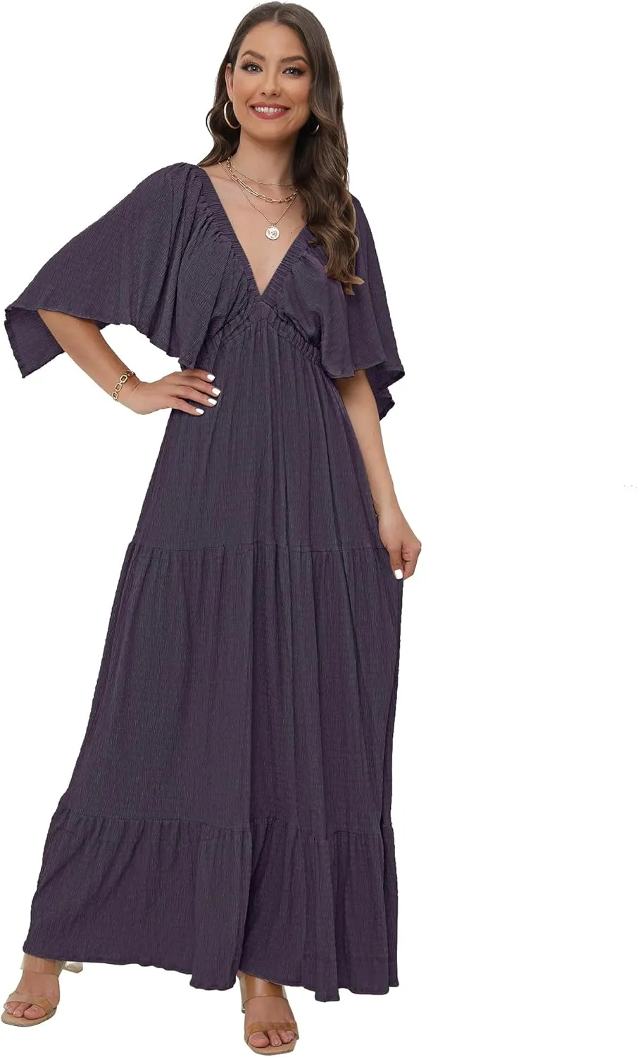 SUNNOW Women's Plus Size Summer Maxi Dress Flowy Loose Fit V-Neck Tiered Ruffle Sleeve Boho Beach Dress
