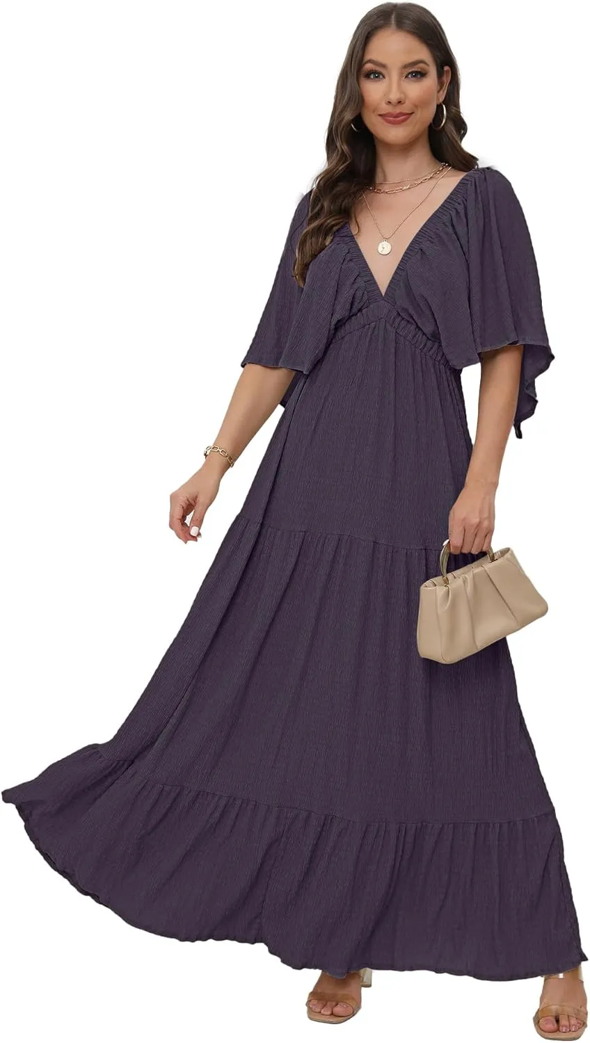 SUNNOW Women's Plus Size Summer Maxi Dress Flowy Loose Fit V-Neck Tiered Ruffle Sleeve Boho Beach Dress