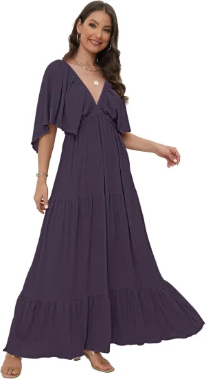 SUNNOW Women's Plus Size Summer Maxi Dress Flowy Loose Fit V-Neck Tiered Ruffle Sleeve Boho Beach Dress