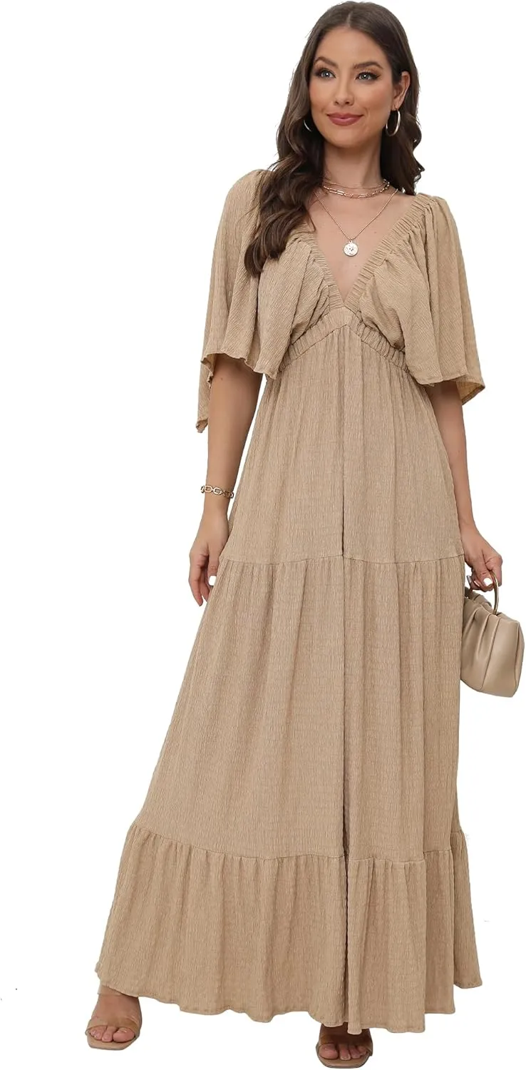 SUNNOW Women's Plus Size Summer Maxi Dress Flowy Loose Fit V-Neck Tiered Ruffle Sleeve Boho Beach Dress