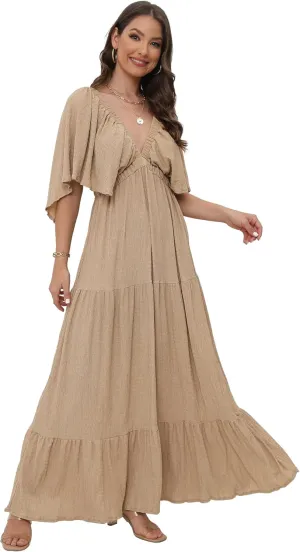 SUNNOW Women's Plus Size Summer Maxi Dress Flowy Loose Fit V-Neck Tiered Ruffle Sleeve Boho Beach Dress