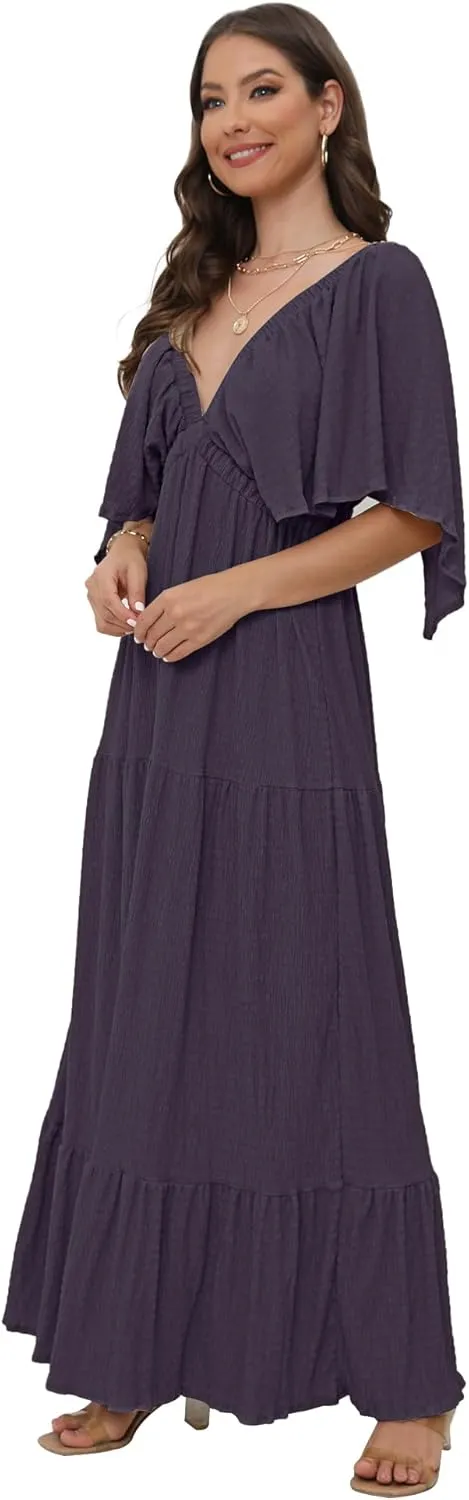 SUNNOW Women's Plus Size Summer Maxi Dress Flowy Loose Fit V-Neck Tiered Ruffle Sleeve Boho Beach Dress