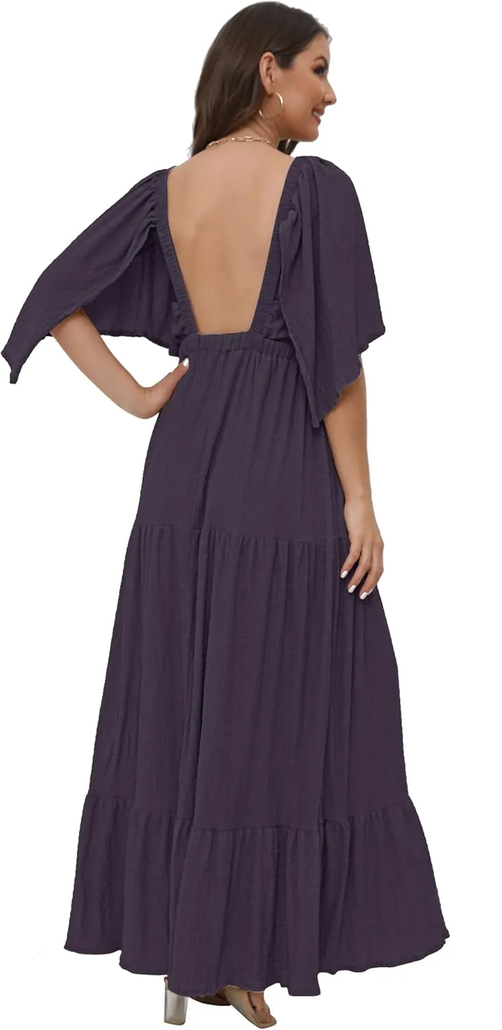 SUNNOW Women's Plus Size Summer Maxi Dress Flowy Loose Fit V-Neck Tiered Ruffle Sleeve Boho Beach Dress