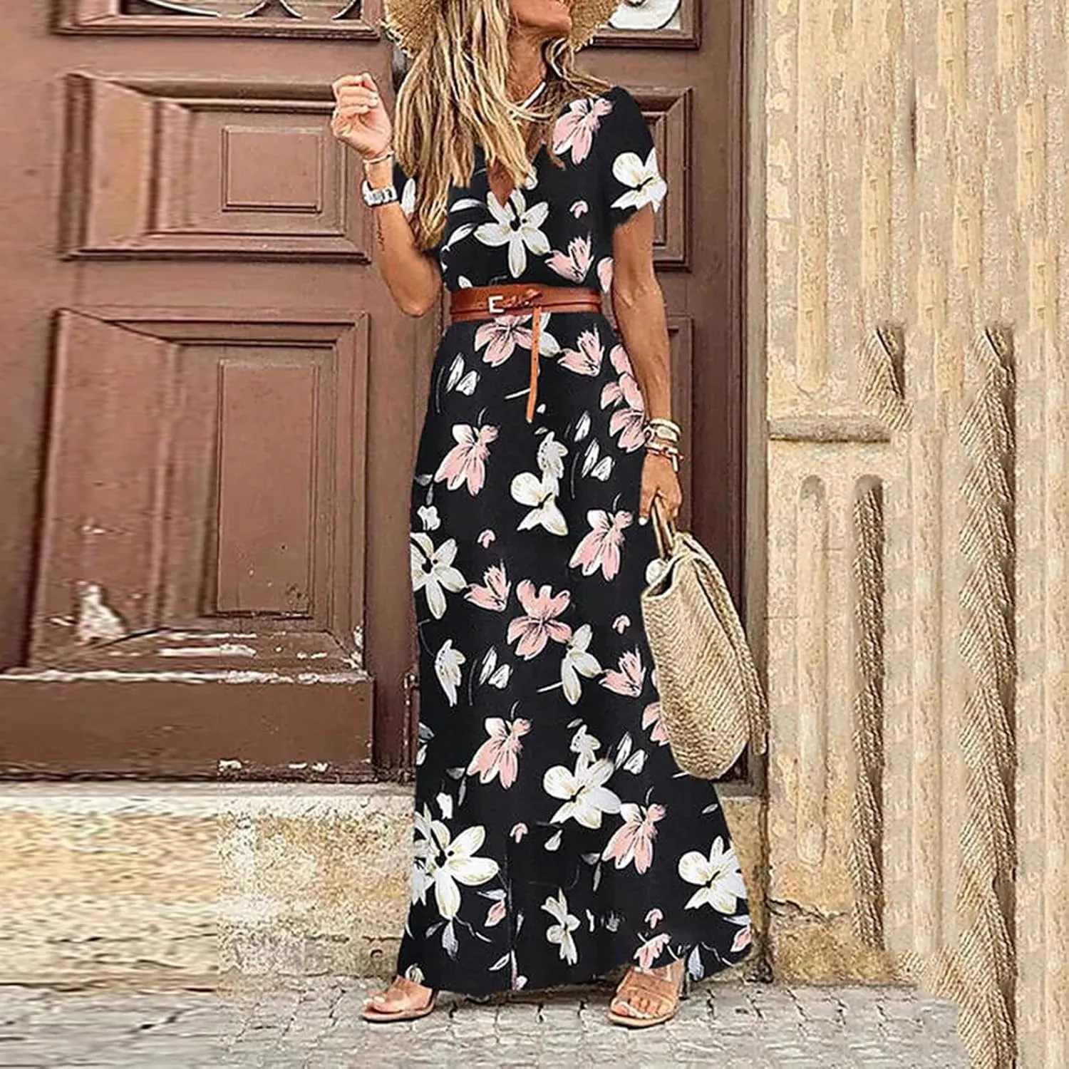 TANGNADE Womens Summer Boho Flowy Wrap V Neck Short Sleeve Floral Print Beach Wedding Guest Long Maxi Dresses with Belt