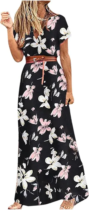 TANGNADE Womens Summer Boho Flowy Wrap V Neck Short Sleeve Floral Print Beach Wedding Guest Long Maxi Dresses with Belt
