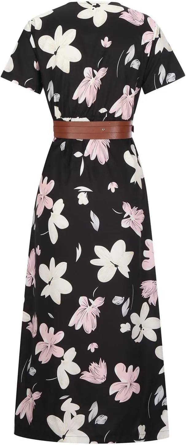 TANGNADE Womens Summer Boho Flowy Wrap V Neck Short Sleeve Floral Print Beach Wedding Guest Long Maxi Dresses with Belt
