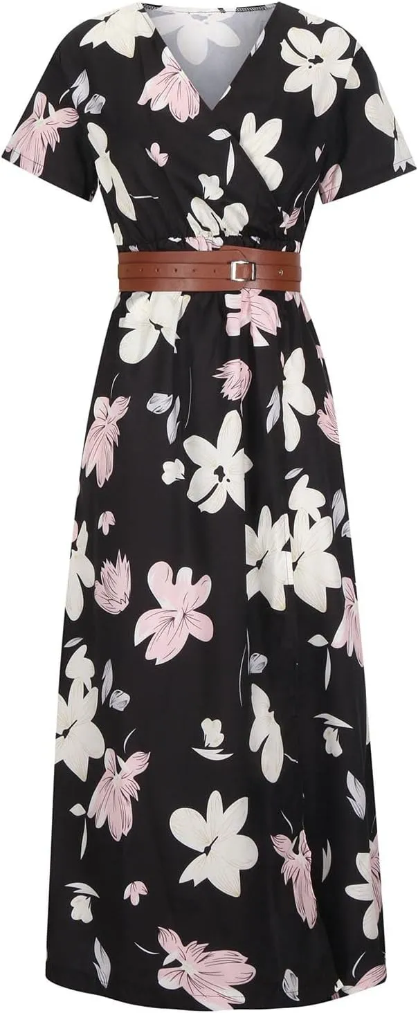TANGNADE Womens Summer Boho Flowy Wrap V Neck Short Sleeve Floral Print Beach Wedding Guest Long Maxi Dresses with Belt