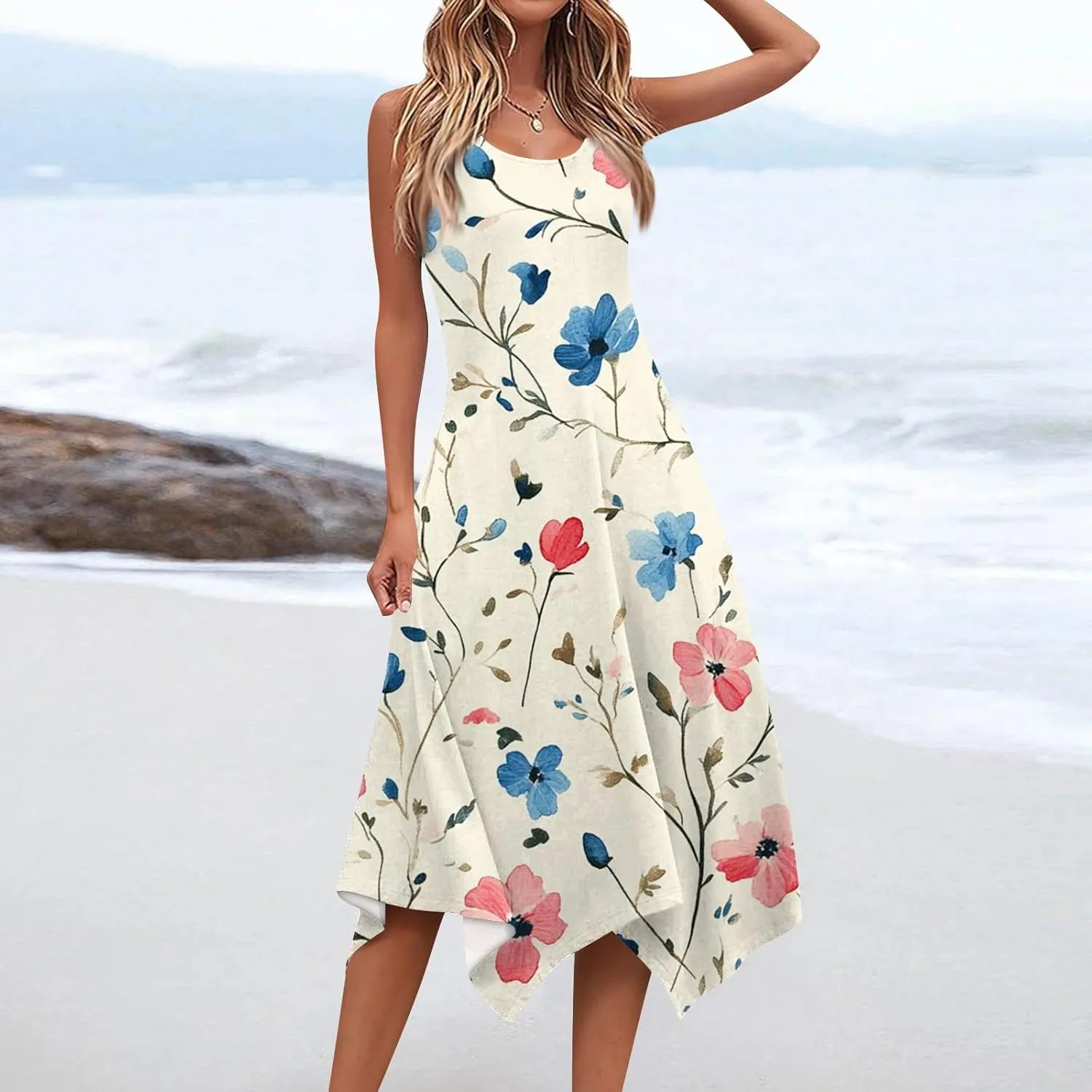Tank Dress for Women Summer Midi Sleeveless Irregular Hem Plus Size Dress U-Neck Cocktail Dresses A Line with Pockets