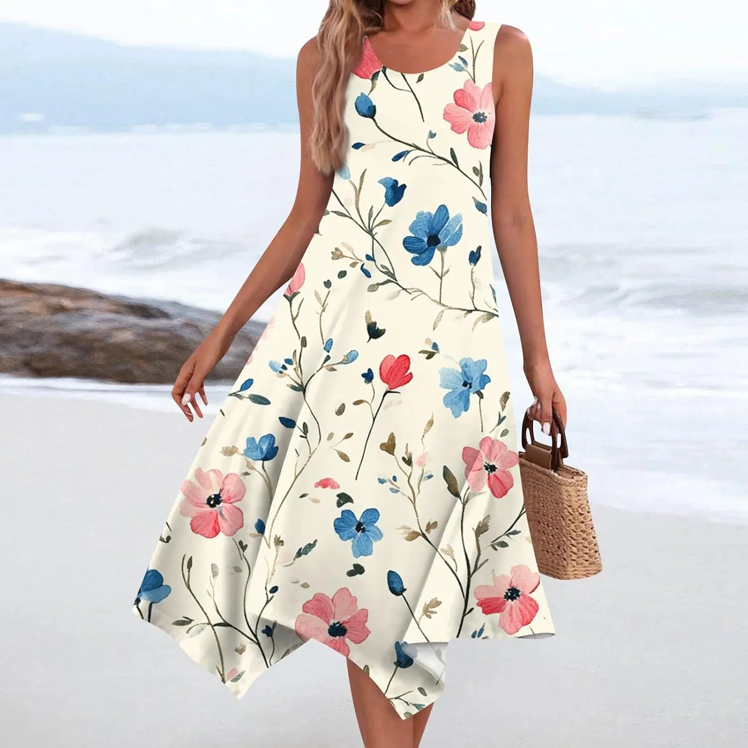 Tank Dress for Women Summer Midi Sleeveless Irregular Hem Plus Size Dress U-Neck Cocktail Dresses A Line with Pockets