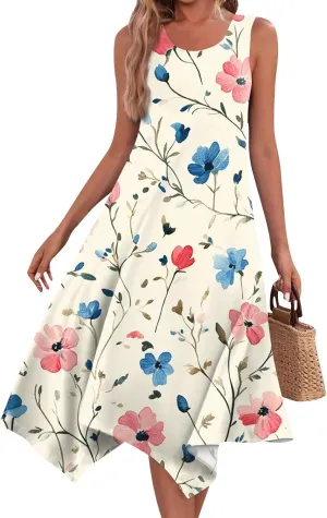 Tank Dress for Women Summer Midi Sleeveless Irregular Hem Plus Size Dress U-Neck Cocktail Dresses A Line with Pockets