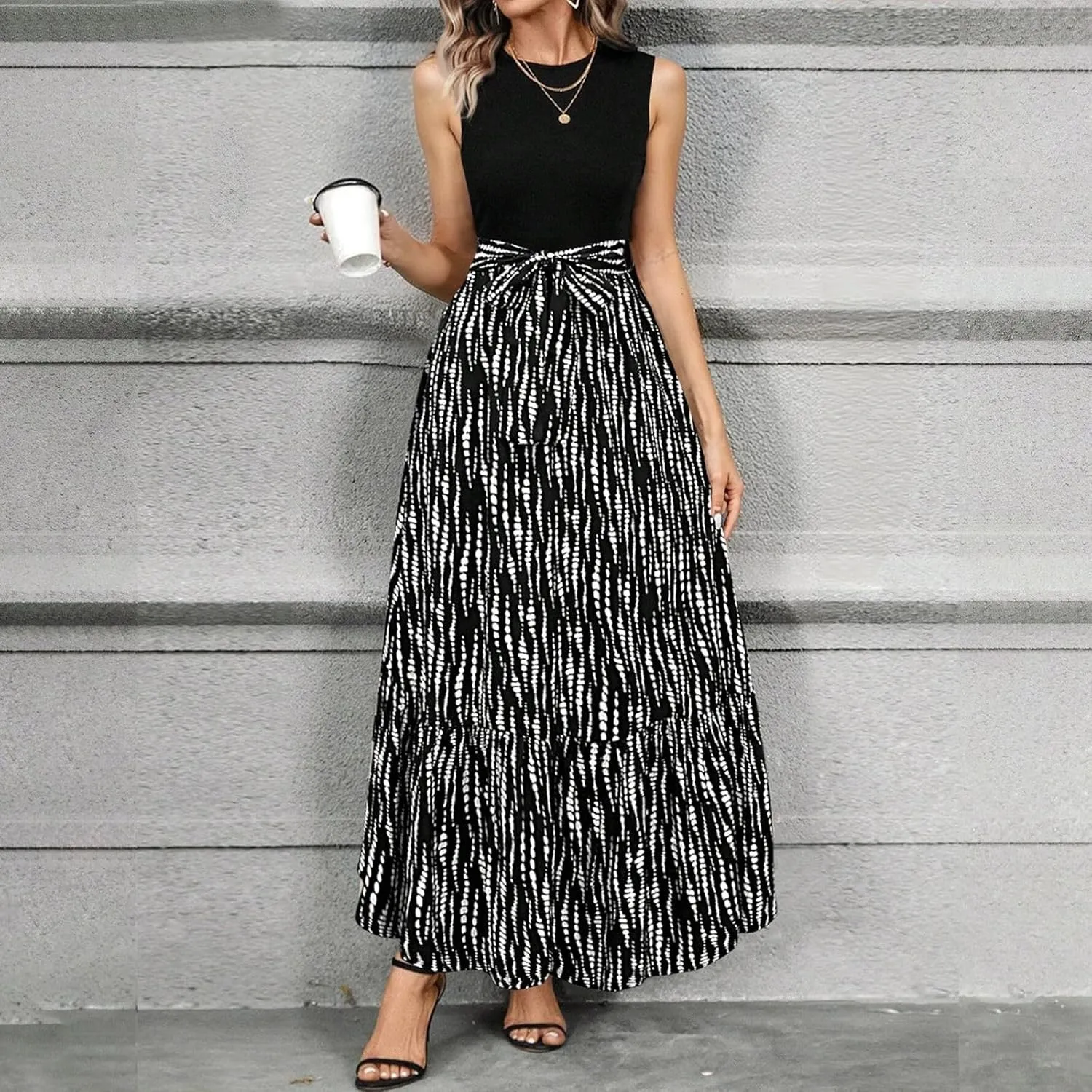 Tank Dresses for Women 2025 Sleeveless Flowy Summer Floral Maxi Dress Tiered Ruffle Empire Waist Patchwork Dress