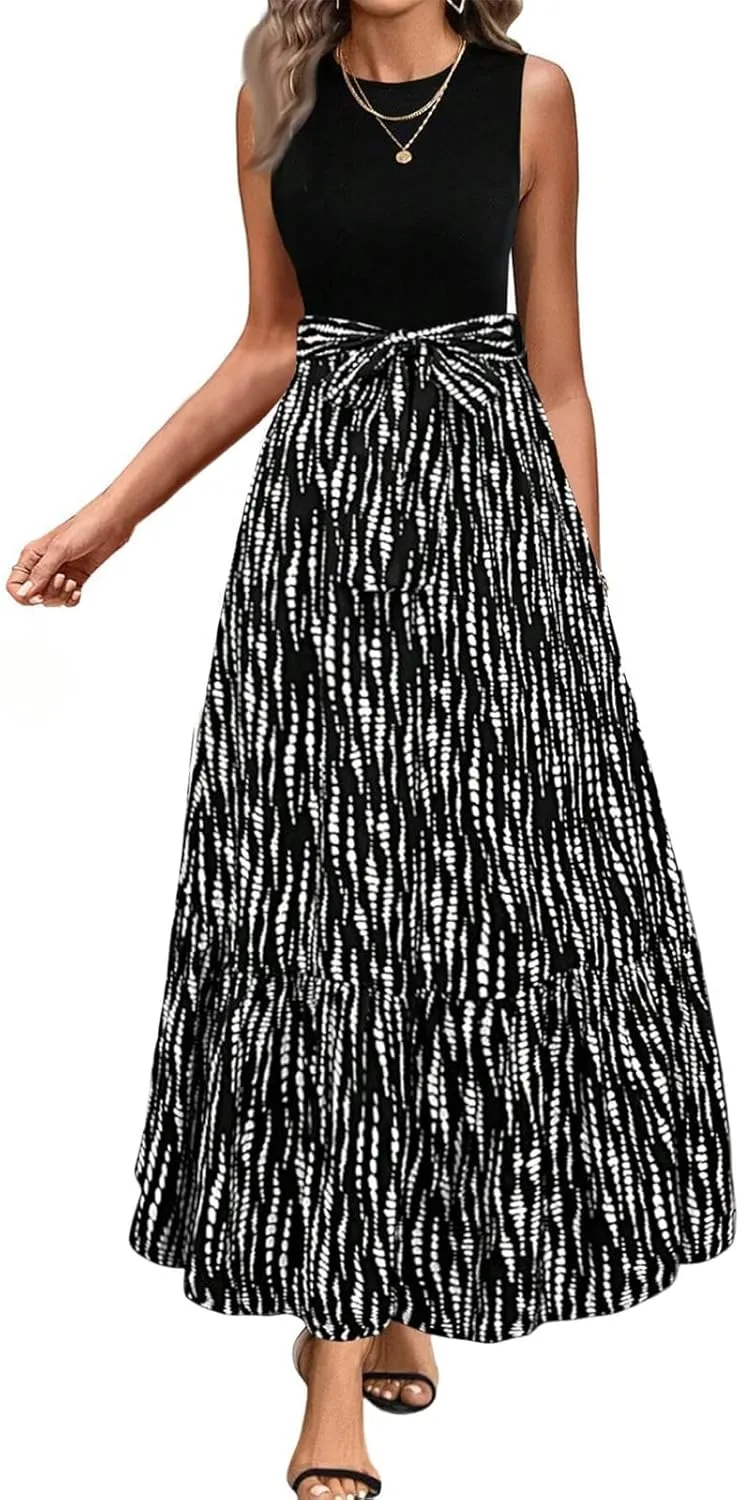 Tank Dresses for Women 2025 Sleeveless Flowy Summer Floral Maxi Dress Tiered Ruffle Empire Waist Patchwork Dress