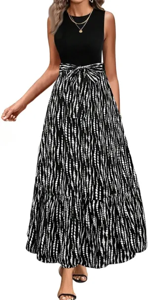 Tank Dresses for Women 2025 Sleeveless Flowy Summer Floral Maxi Dress Tiered Ruffle Empire Waist Patchwork Dress