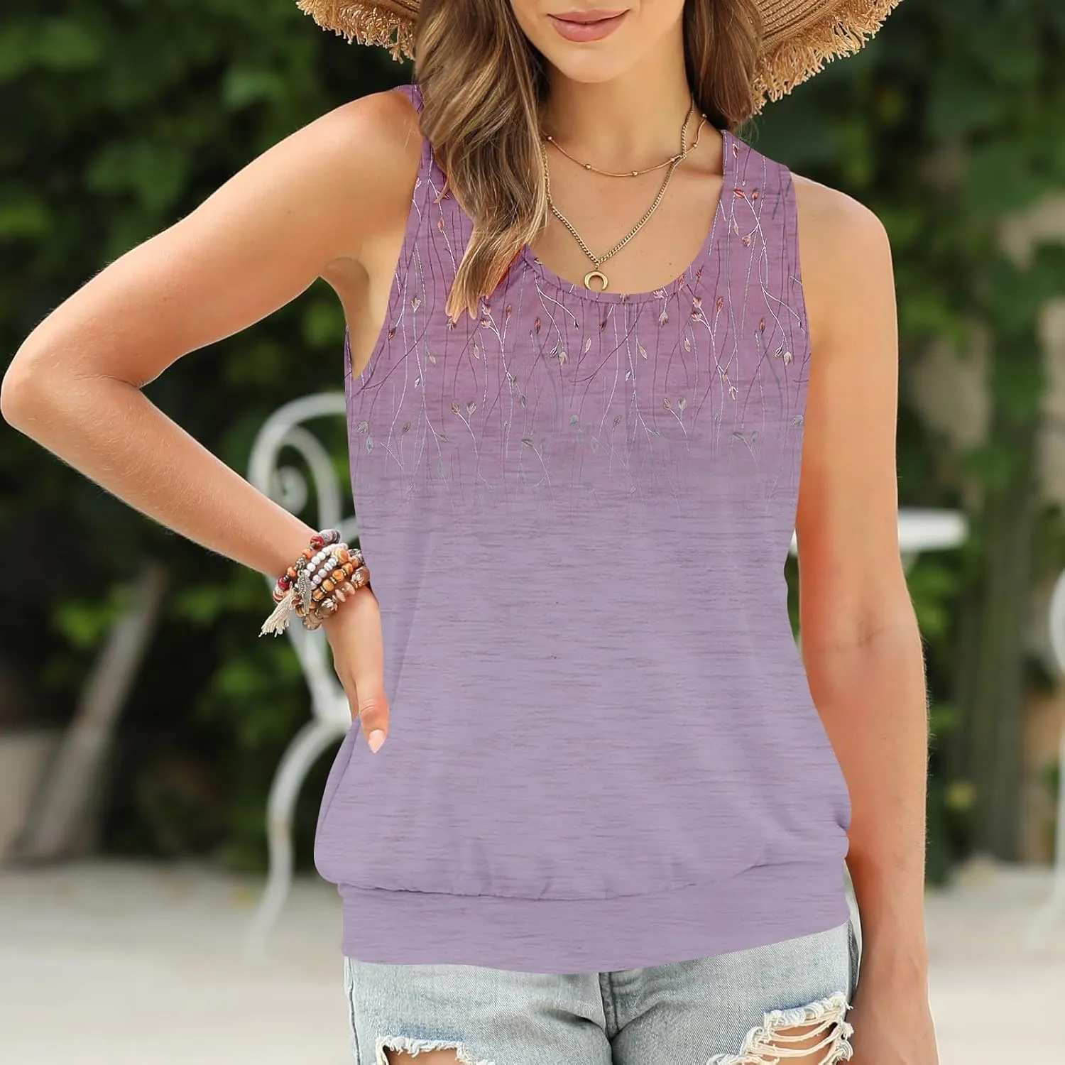 Tank Tops for Women Fashion Sleeveless Trendy Tops 2025 Sexy Ruched Crew Neck Floral Print Shirts Summer Casual Tops