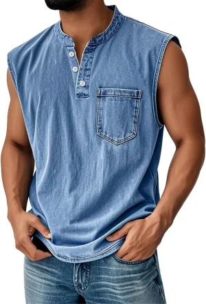 Tank Tops Men Henley Shirts for Men Sleeveless Muscle Gym Workout Running Beach Summer Vintage Button Down Tank Tops